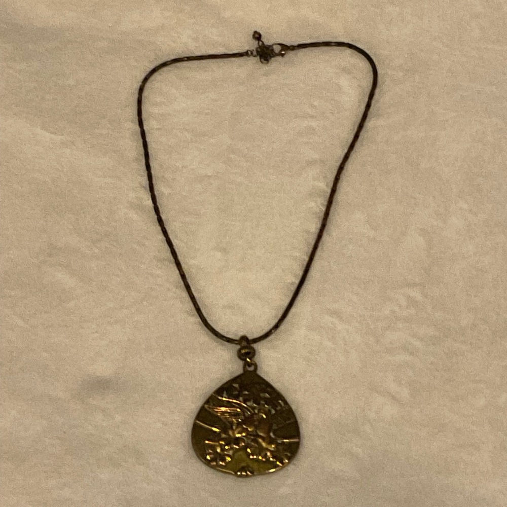 Vintage Abalone with Birds Two Sides Pendant Necklace Gold Tone